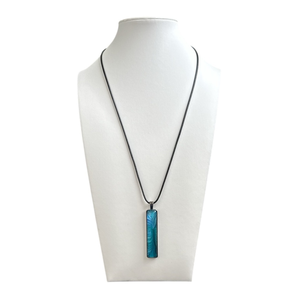 Hand Crafted Fluid Art Necklace Teal Blue Bar Pendant by Svetlana Yeung Size OS